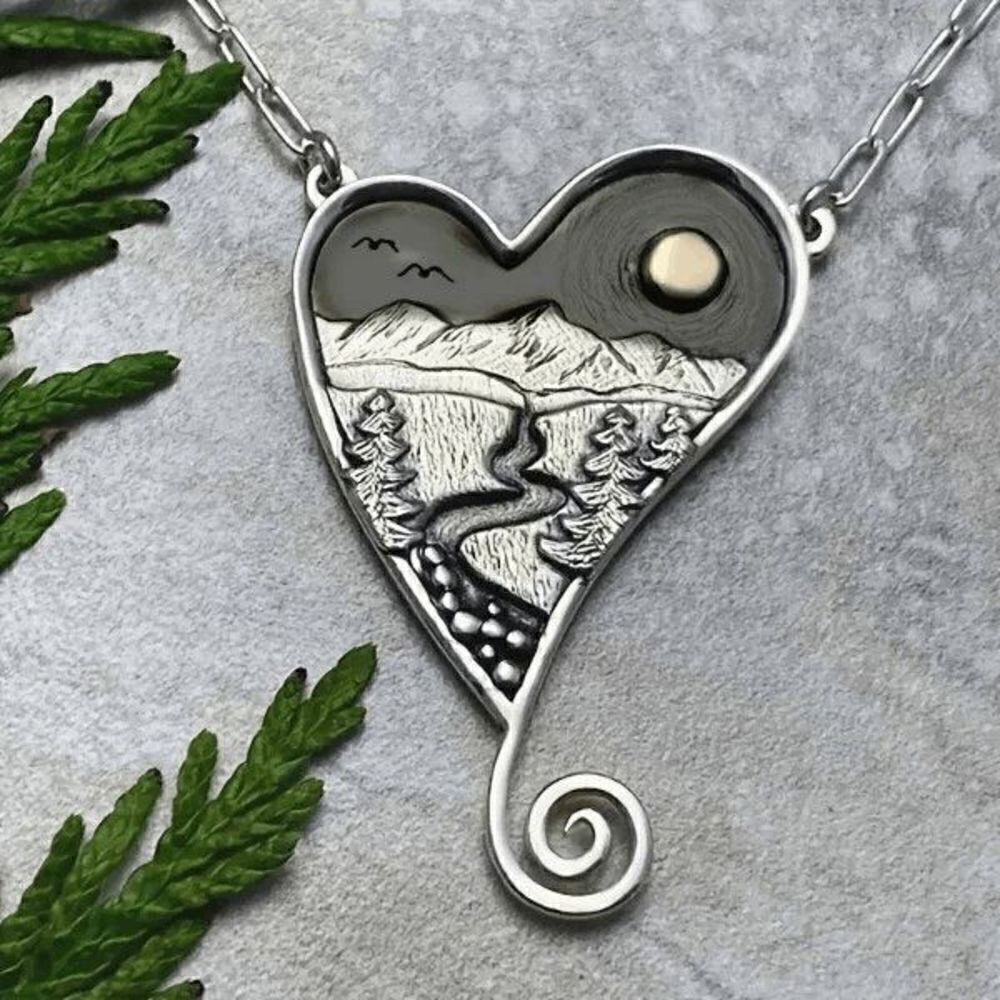 Silver Mountain Valley River Pines Moon Sun Boho Landscape Heart Necklace